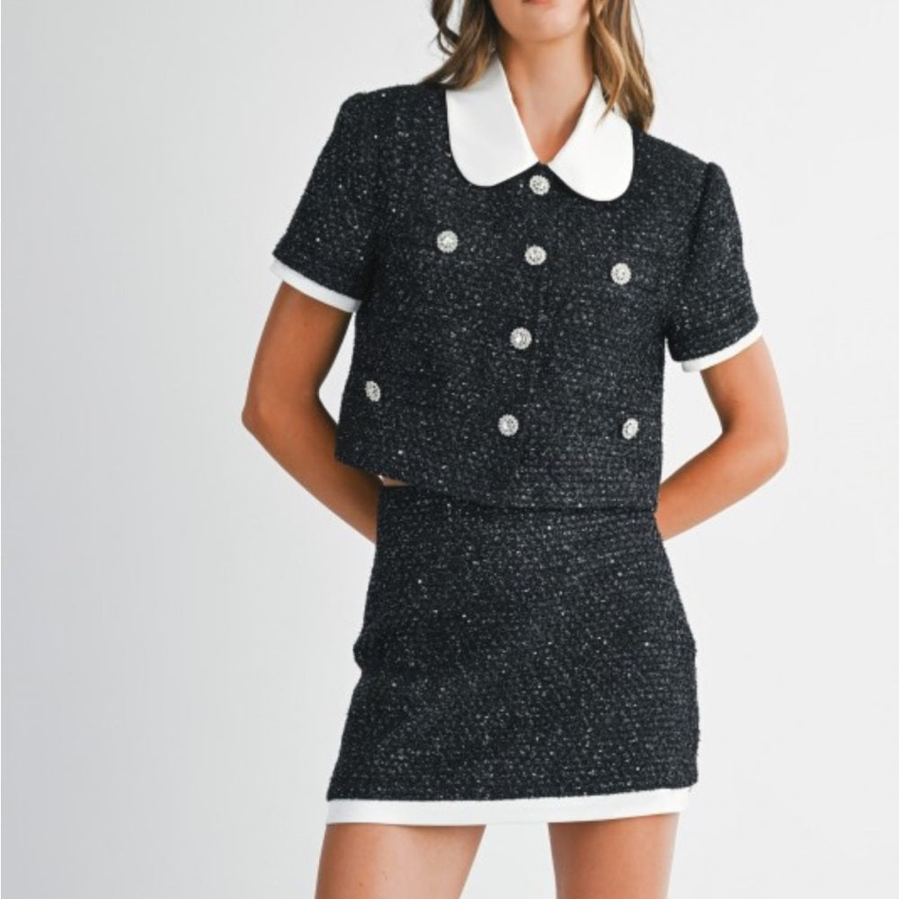 A127. Mable Sequin Tweed Rhinestone Jacket And Mini Skirt Set