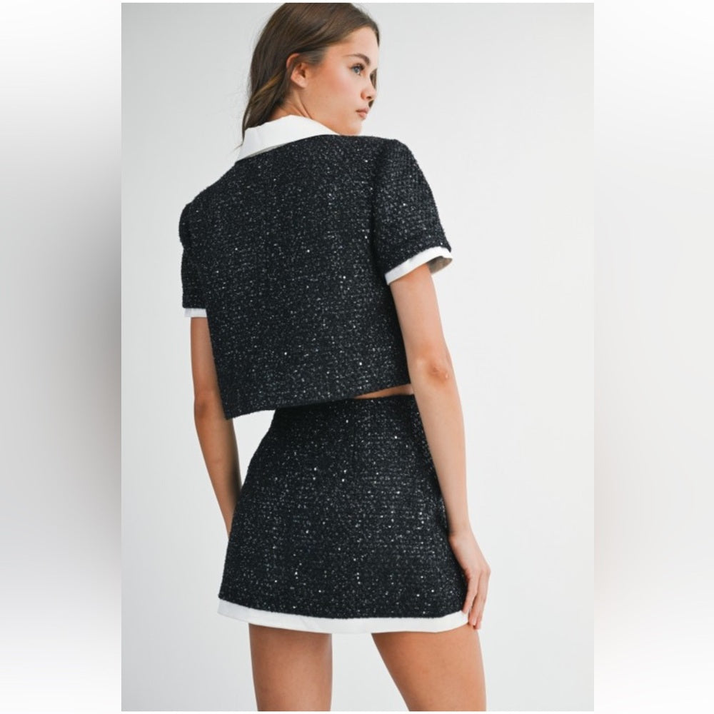 A127. Mable Sequin Tweed Rhinestone Jacket And Mini Skirt Set
