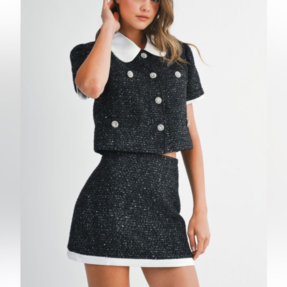 A127. Mable Sequin Tweed Rhinestone Jacket And Mini Skirt Set