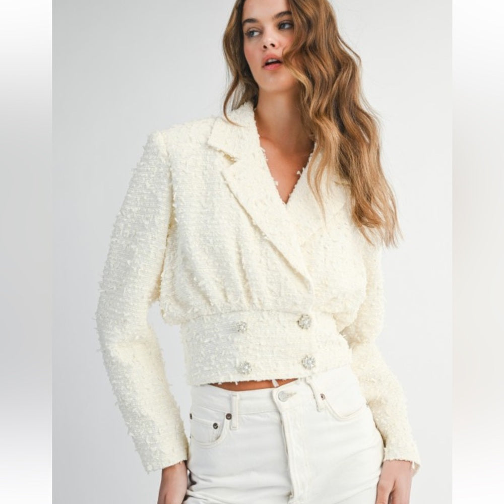 A130. Mable Ivory Tweed Collar Cropped Jacket With Rhinestone Button