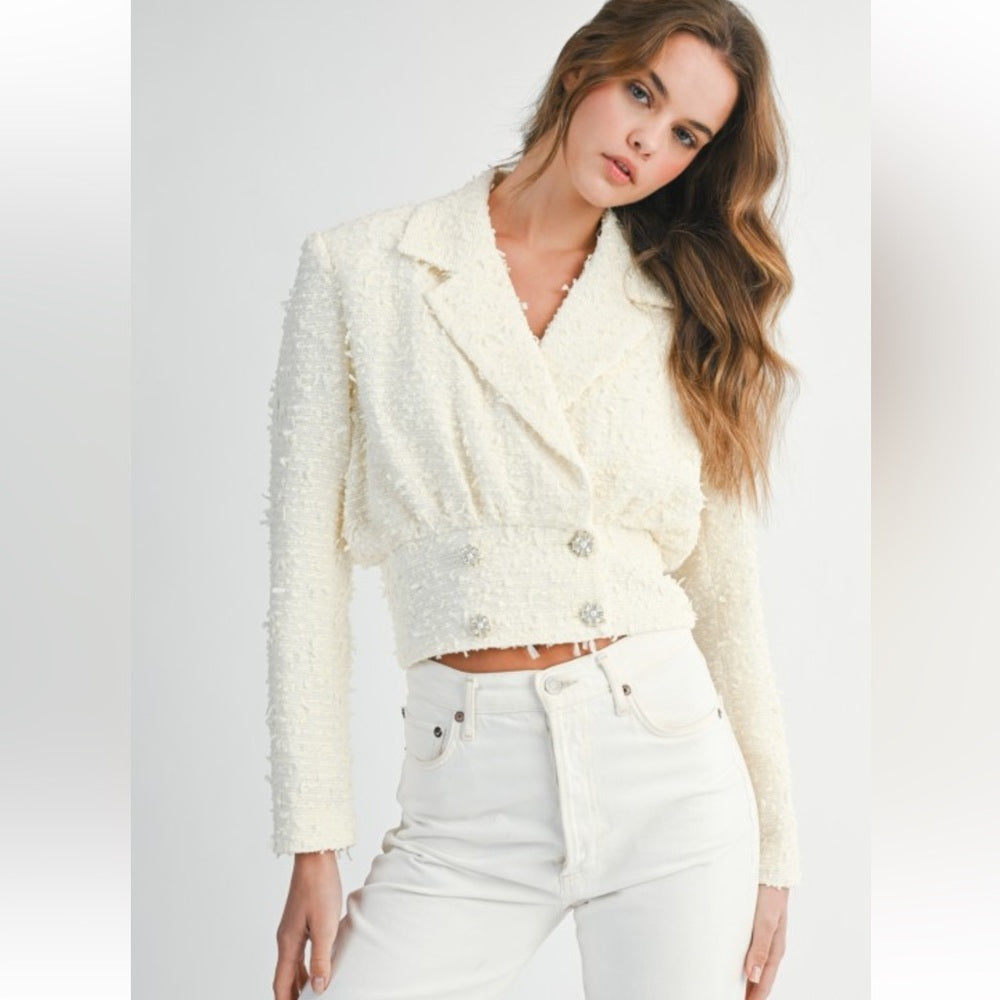 A130. Mable Ivory Tweed Collar Cropped Jacket With Rhinestone Button