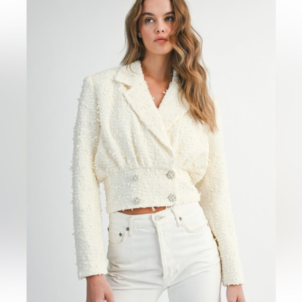 A130. Mable Ivory Tweed Collar Cropped Jacket With Rhinestone Button