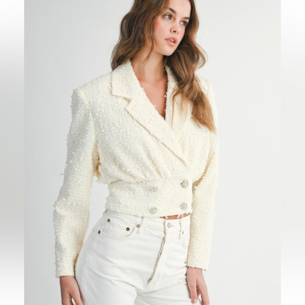 A130. Mable Ivory Tweed Collar Cropped Jacket With Rhinestone Button