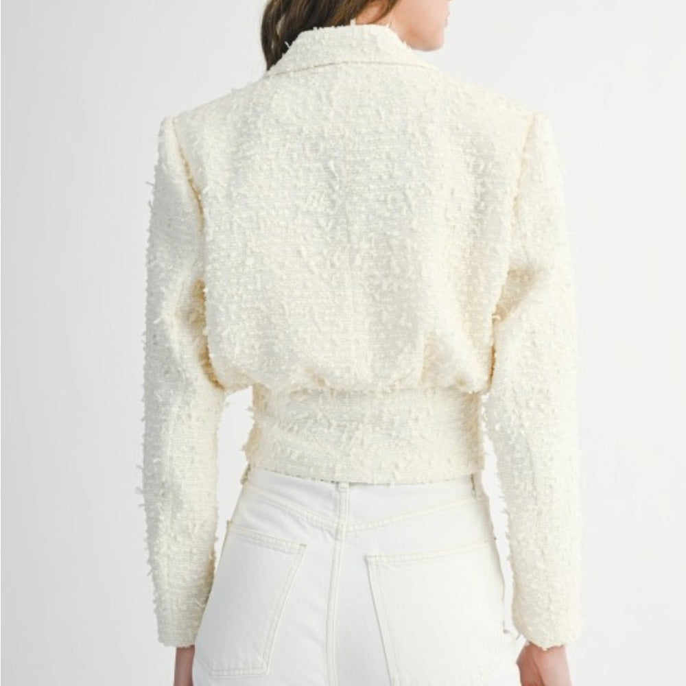 A130. Mable Ivory Tweed Collar Cropped Jacket With Rhinestone Button