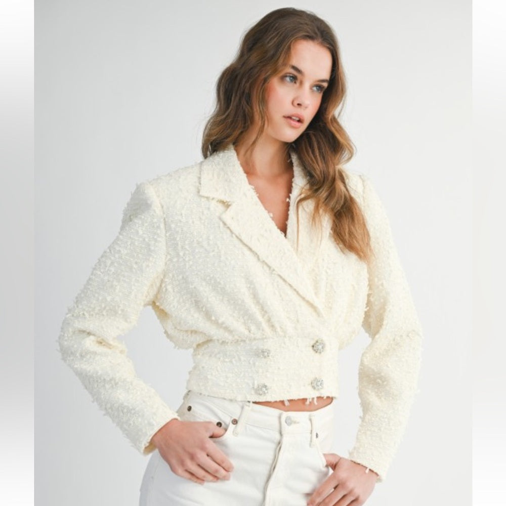 A130. Mable Ivory Tweed Collar Cropped Jacket With Rhinestone Button