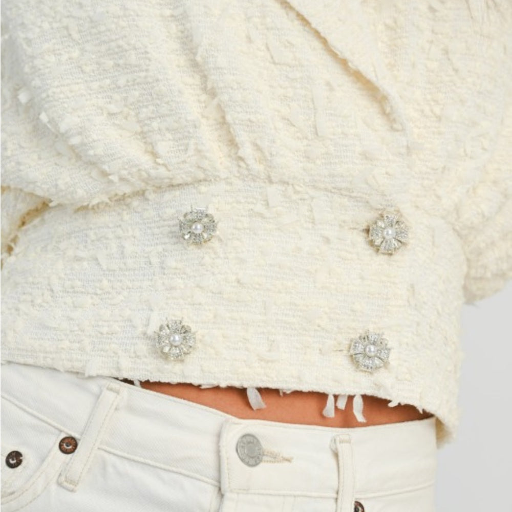 A130. Mable Ivory Tweed Collar Cropped Jacket With Rhinestone Button