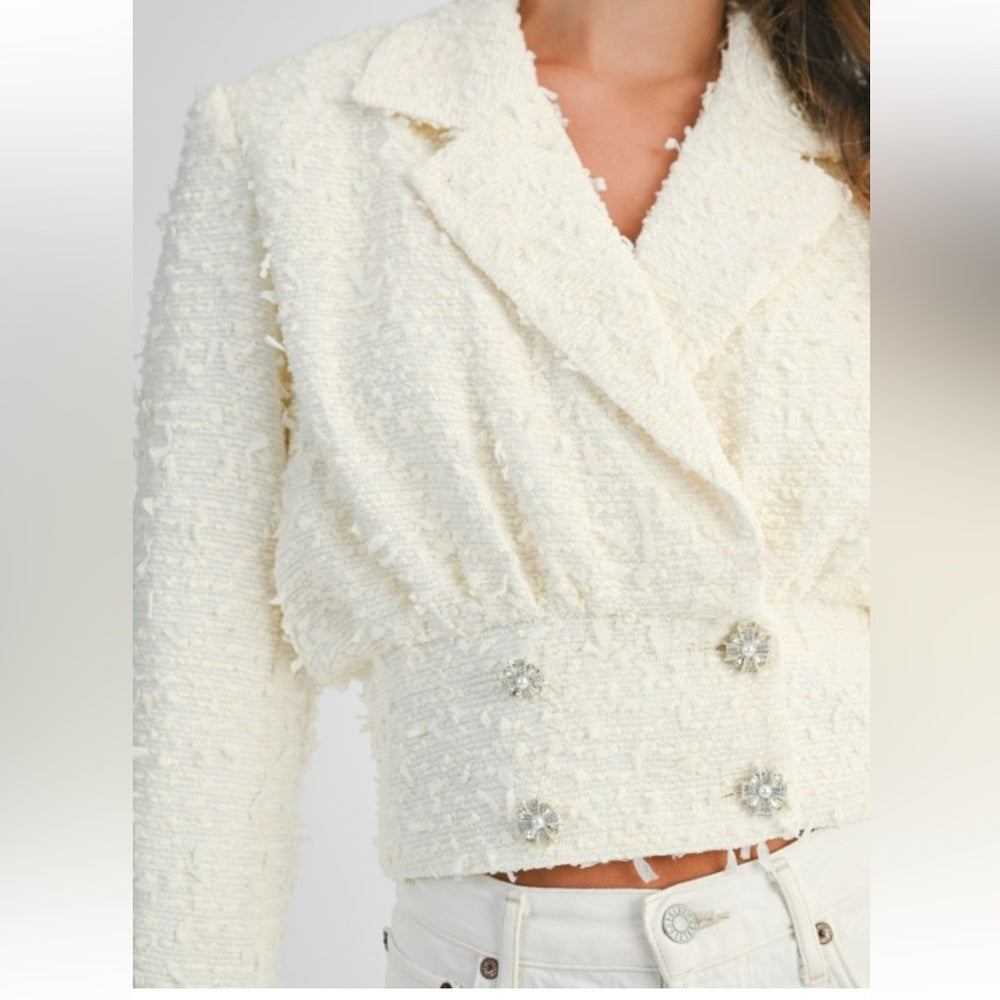 A130. Mable Ivory Tweed Collar Cropped Jacket With Rhinestone Button