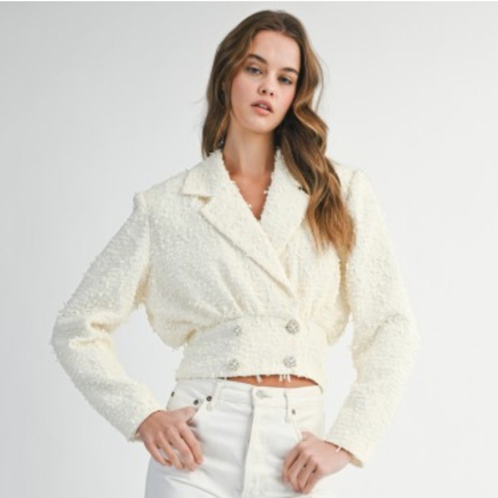 A130. Mable Ivory Tweed Collar Cropped Jacket With Rhinestone Button