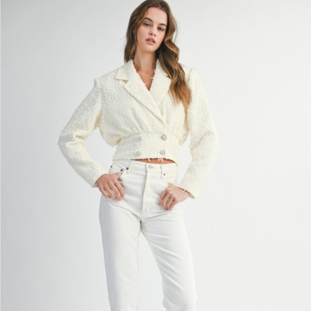 A130. Mable Ivory Tweed Collar Cropped Jacket With Rhinestone Button