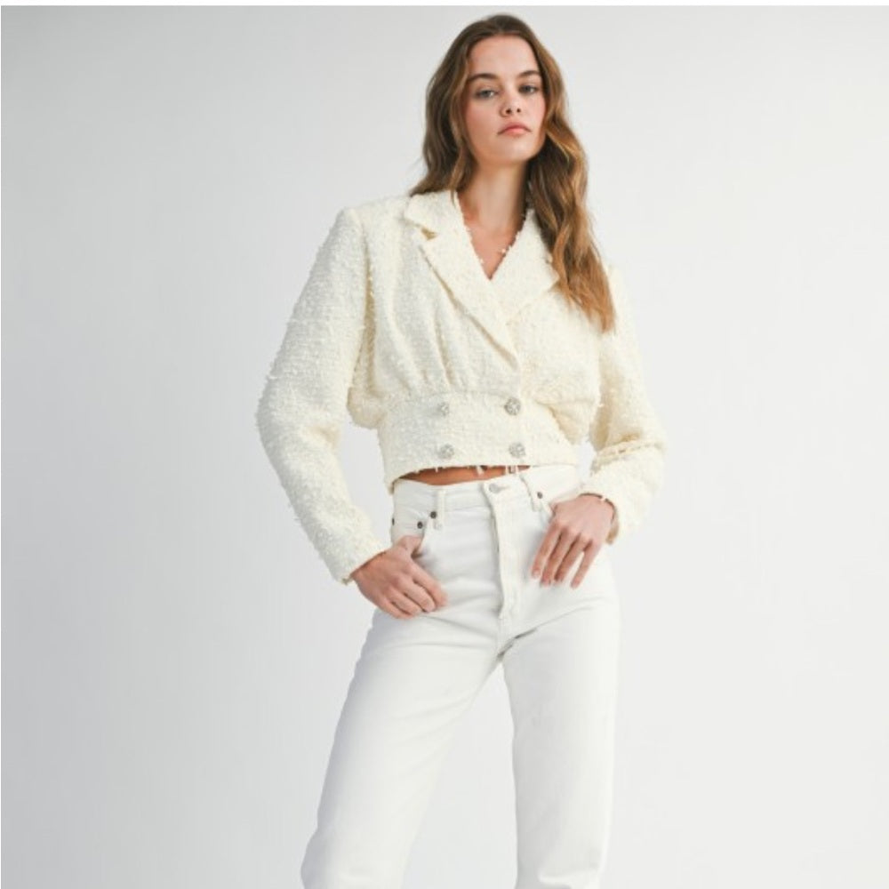 A130. Mable Ivory Tweed Collar Cropped Jacket With Rhinestone Button