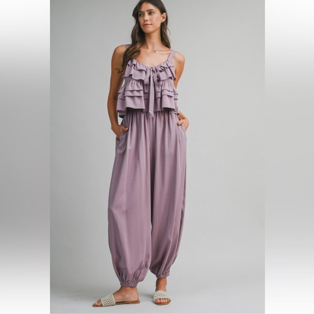 A131. Mable Lavender Ruffle Tiered Shoulder Strap Top And Balloon Pants Set