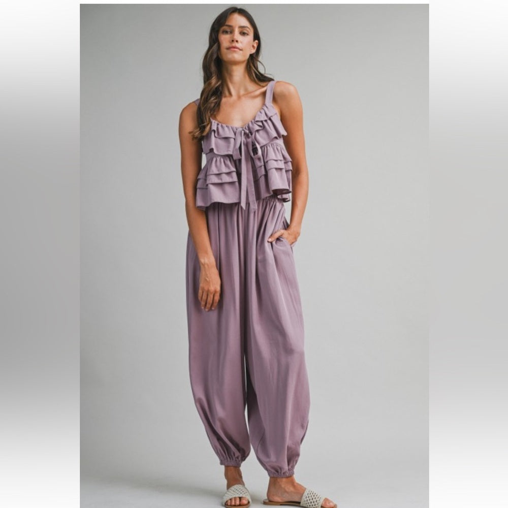 A131. Mable Lavender Ruffle Tiered Shoulder Strap Top And Balloon Pants Set