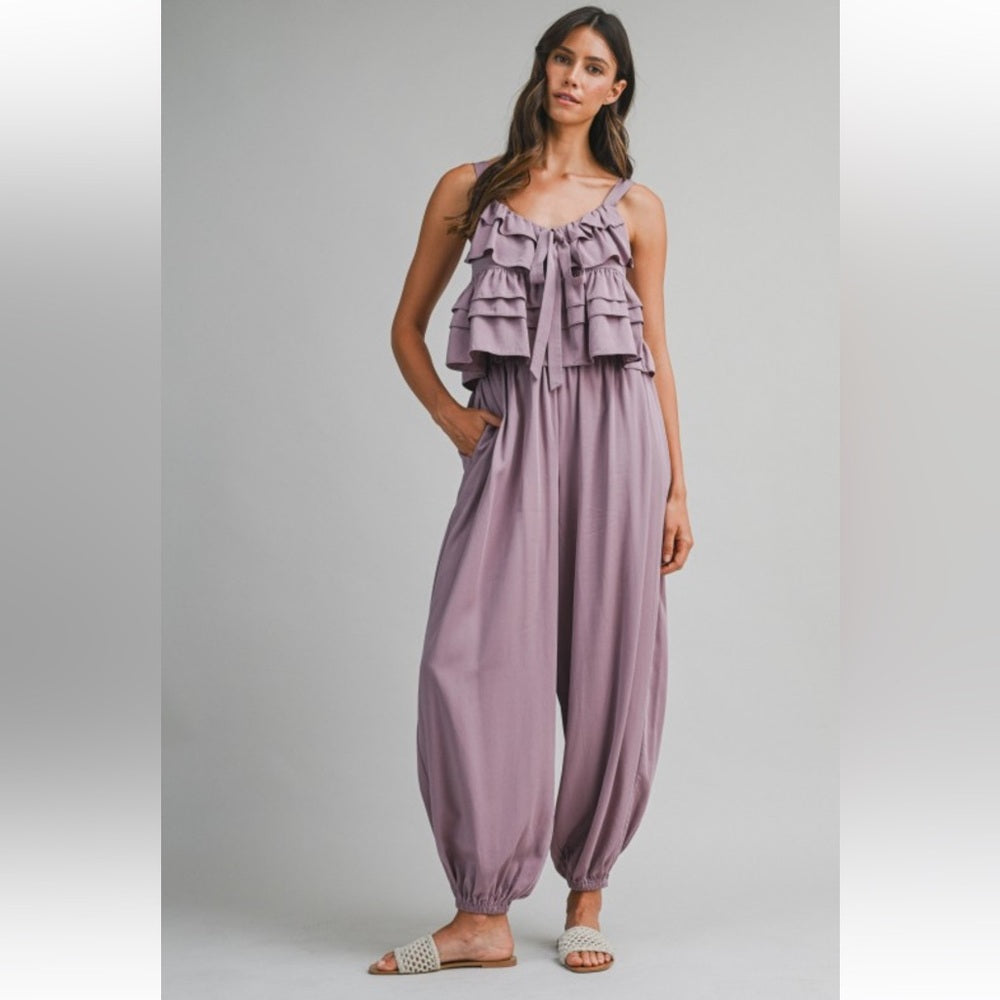 A131. Mable Lavender Ruffle Tiered Shoulder Strap Top And Balloon Pants Set