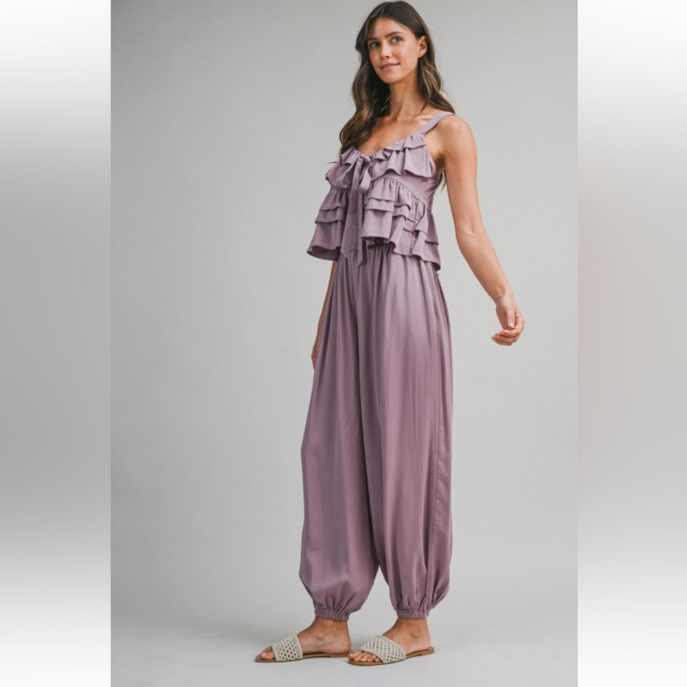 A131. Mable Lavender Ruffle Tiered Shoulder Strap Top And Balloon Pants Set