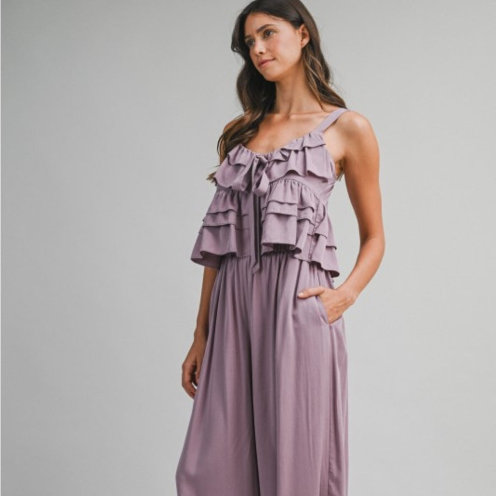 A131. Mable Lavender Ruffle Tiered Shoulder Strap Top And Balloon Pants Set