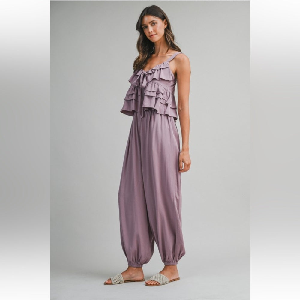 A131. Mable Lavender Ruffle Tiered Shoulder Strap Top And Balloon Pants Set