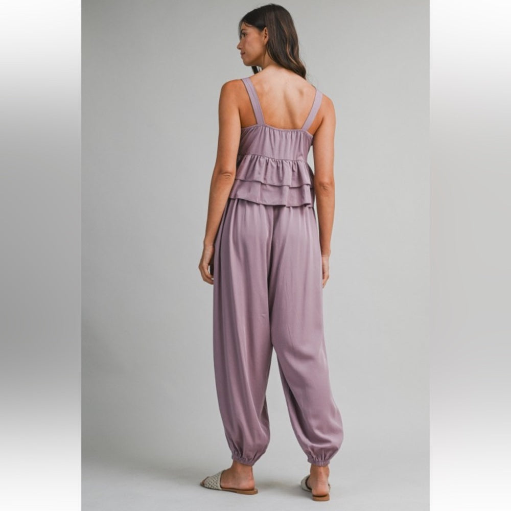 A131. Mable Lavender Ruffle Tiered Shoulder Strap Top And Balloon Pants Set