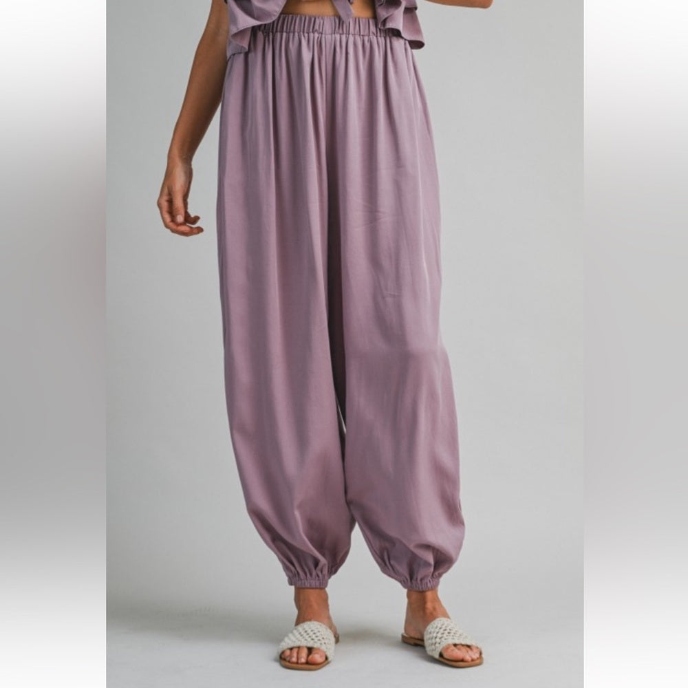 A131. Mable Lavender Ruffle Tiered Shoulder Strap Top And Balloon Pants Set