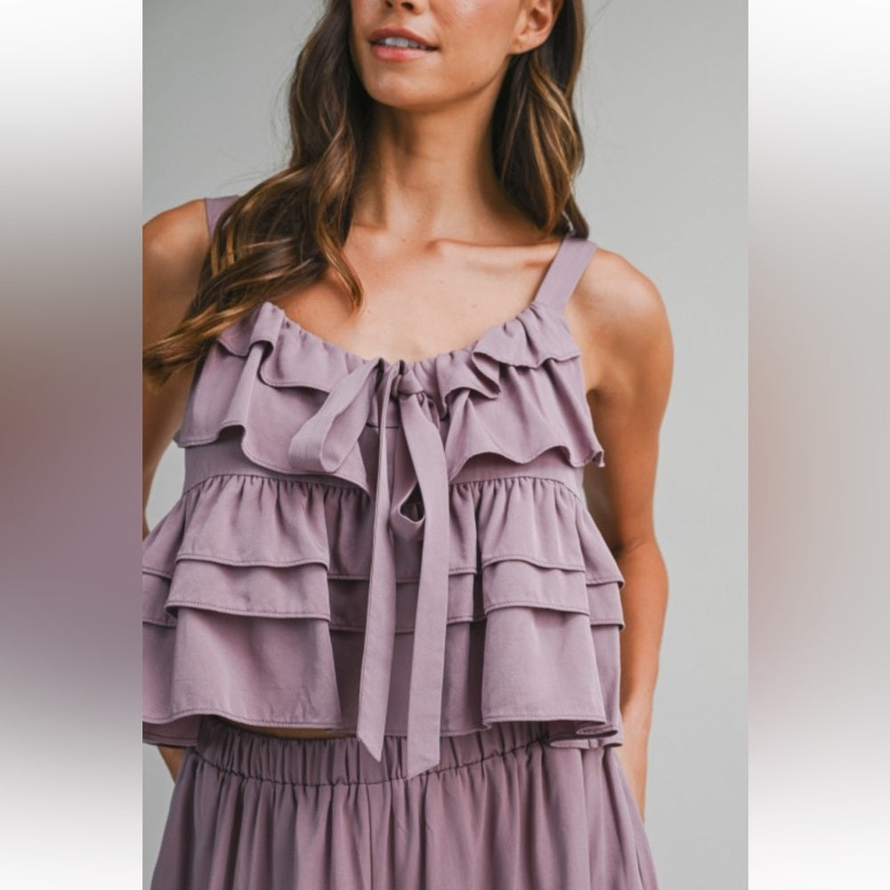 A131. Mable Lavender Ruffle Tiered Shoulder Strap Top And Balloon Pants Set