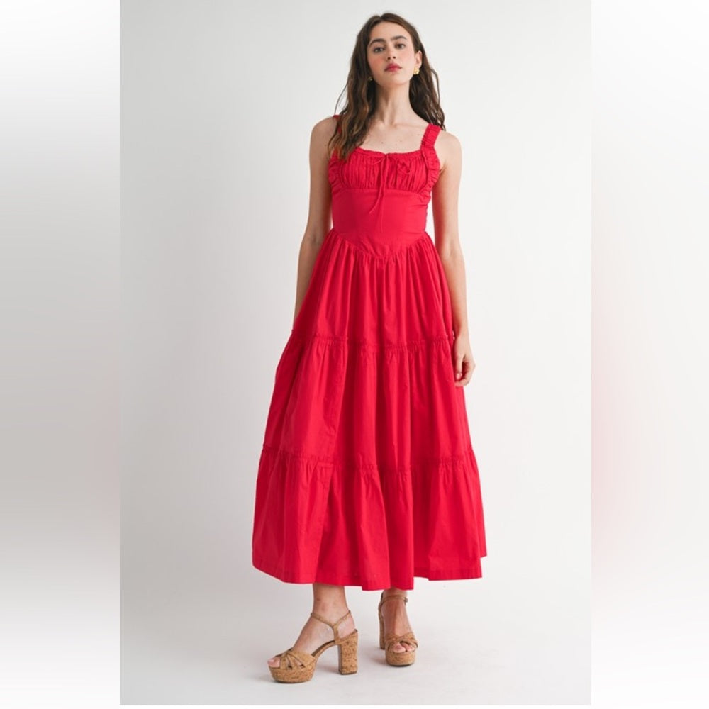 A132. Scarlet Red Ruched Bust And Strap Detail Midi Dress