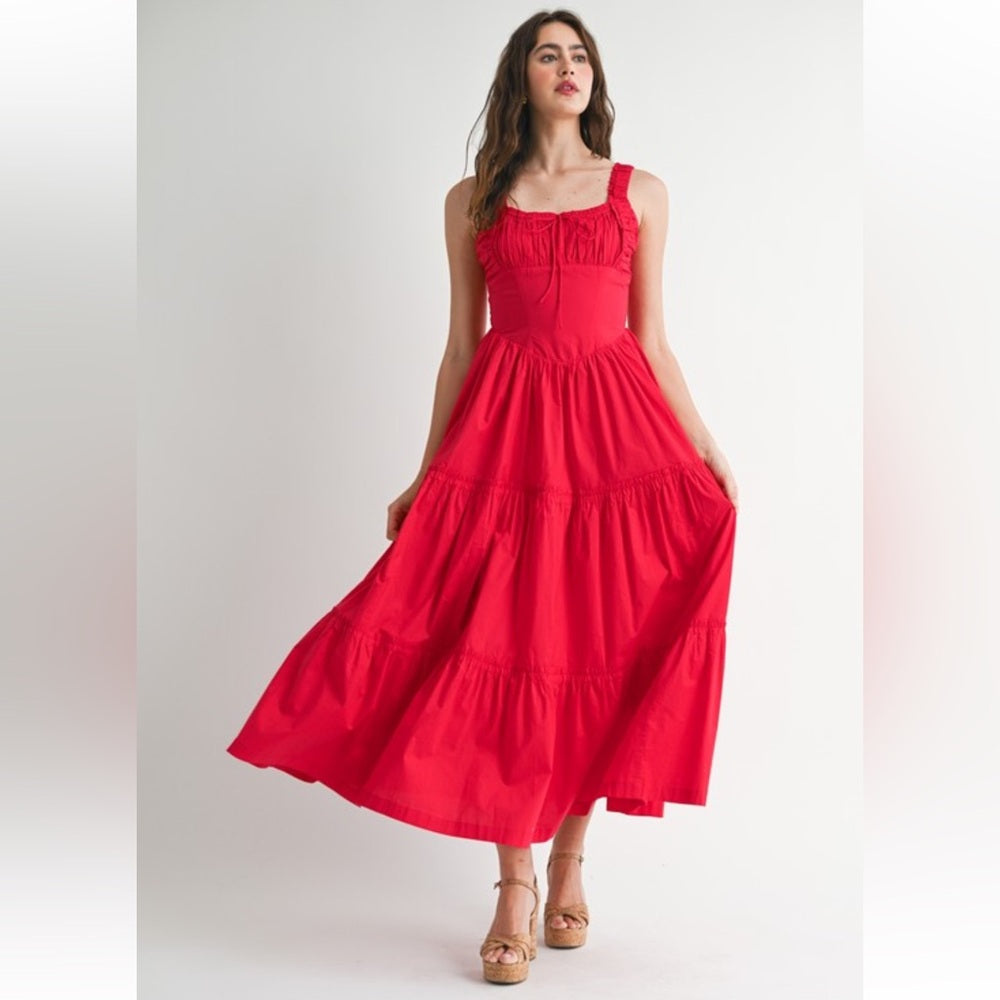 A132. Scarlet Red Ruched Bust And Strap Detail Midi Dress
