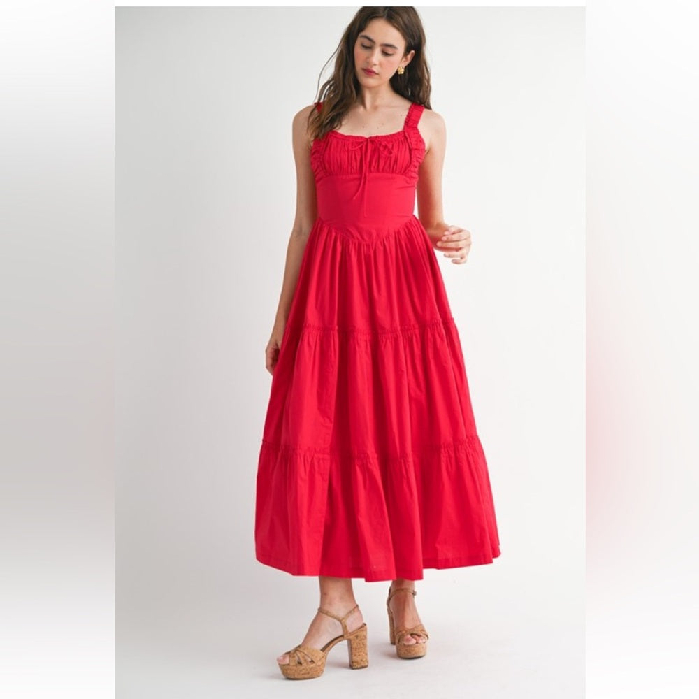 A132. Scarlet Red Ruched Bust And Strap Detail Midi Dress