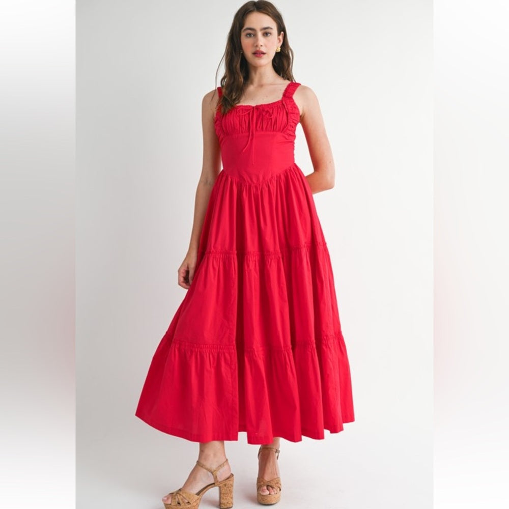A132. Scarlet Red Ruched Bust And Strap Detail Midi Dress