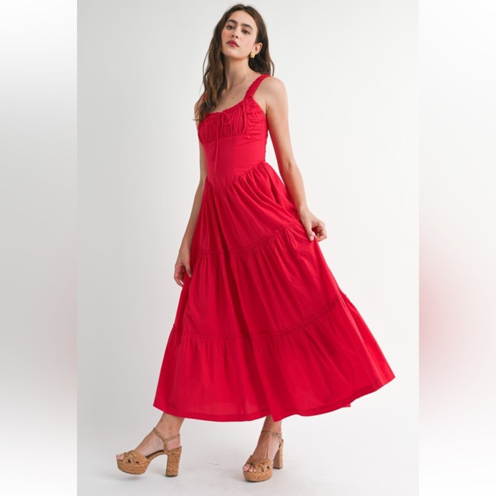 A132. Scarlet Red Ruched Bust And Strap Detail Midi Dress
