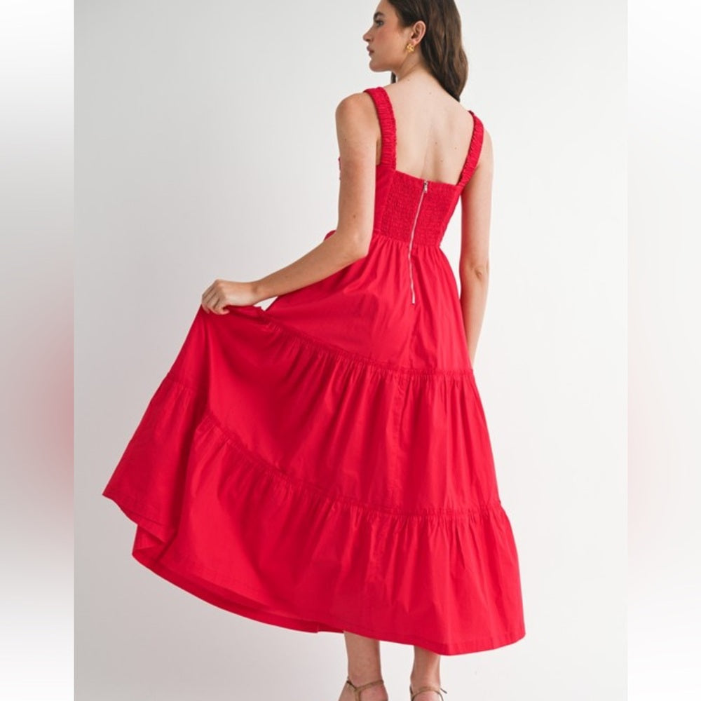 A132. Scarlet Red Ruched Bust And Strap Detail Midi Dress