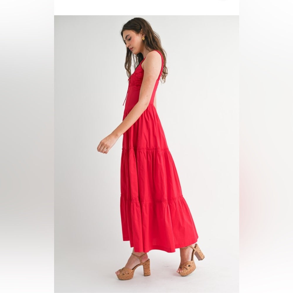 A132. Scarlet Red Ruched Bust And Strap Detail Midi Dress