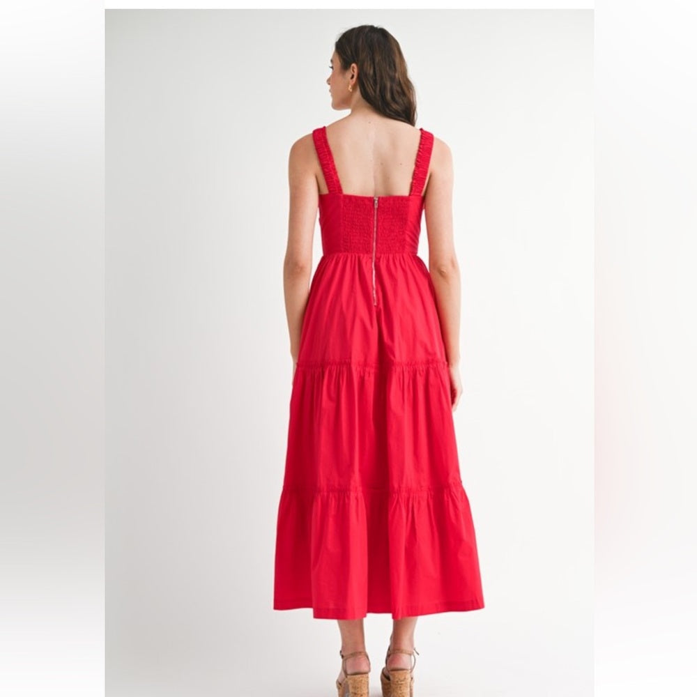 A132. Scarlet Red Ruched Bust And Strap Detail Midi Dress