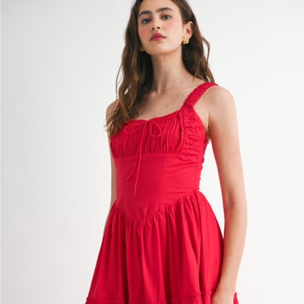 A132. Scarlet Red Ruched Bust And Strap Detail Midi Dress