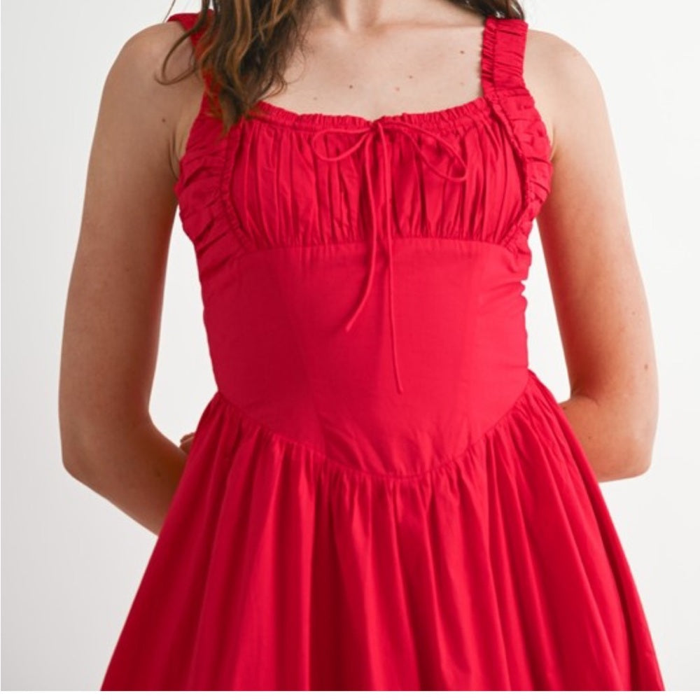 A132. Scarlet Red Ruched Bust And Strap Detail Midi Dress
