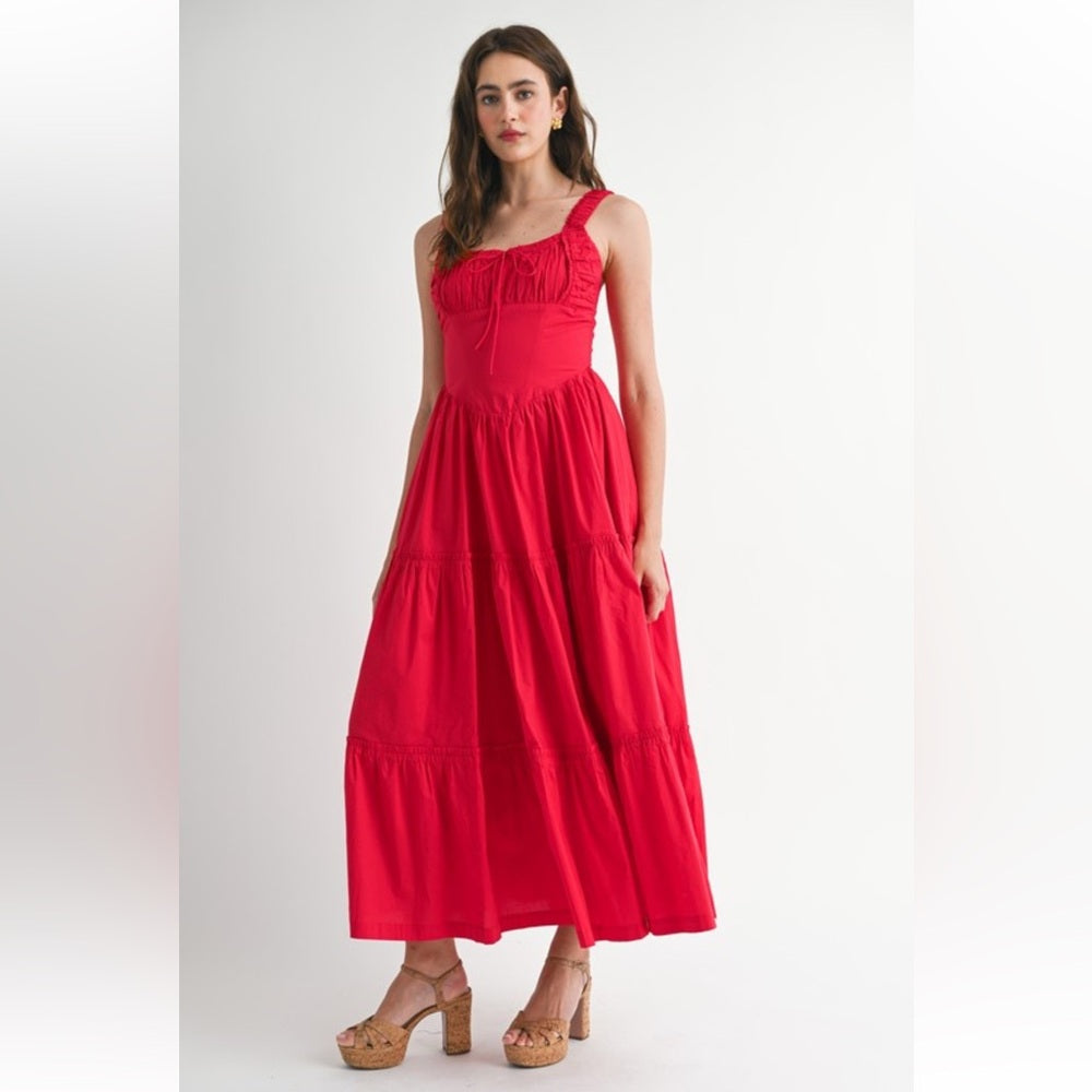 A132. Scarlet Red Ruched Bust And Strap Detail Midi Dress