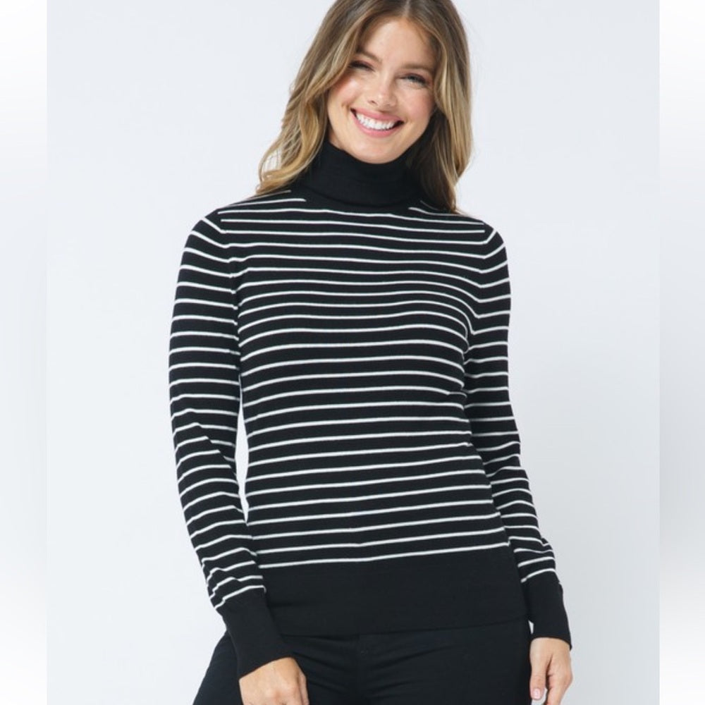 A133. Striped Black and White Turtleneck Sweater