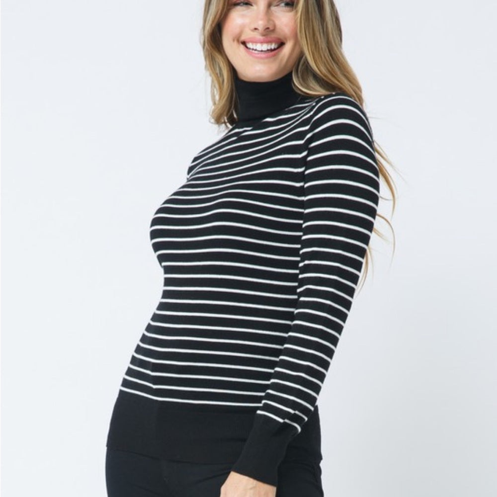 A133. Striped Black and White Turtleneck Sweater