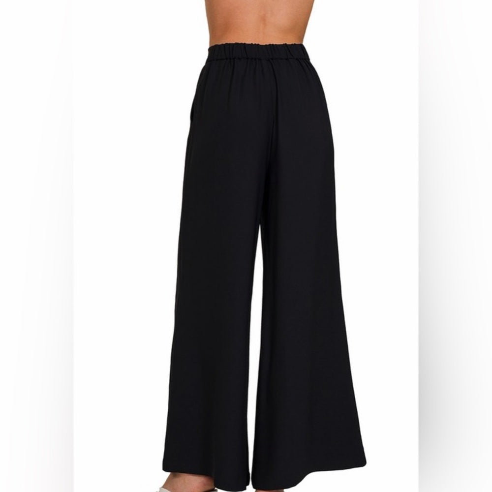 A135. Black Wide-Leg Draped Trouser Pants