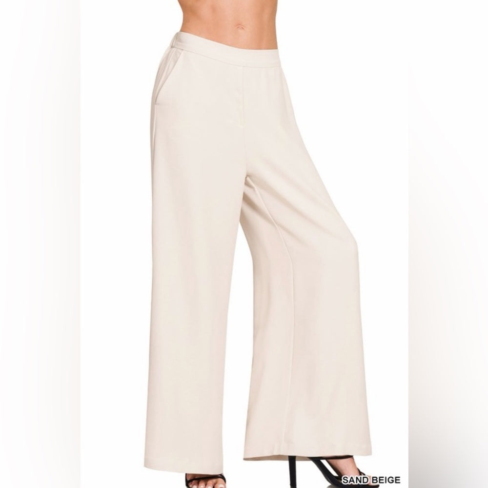 A136. Sand Beige Wide-Leg Draped Trouser Pants