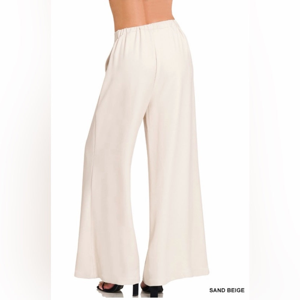 A136. Sand Beige Wide-Leg Draped Trouser Pants