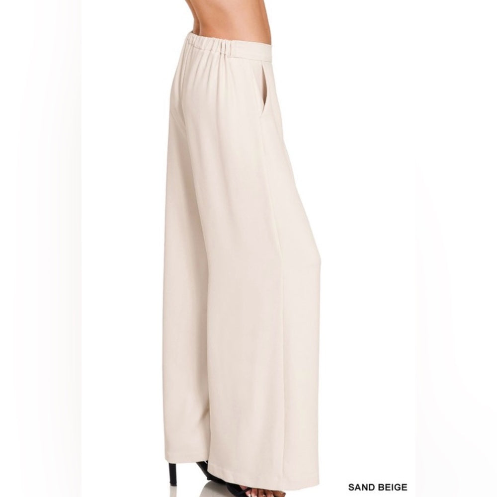 A136. Sand Beige Wide-Leg Draped Trouser Pants