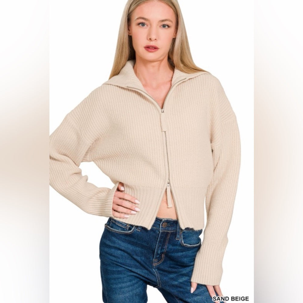 Sand Beige Ribbed Double Zip-Up Collared Sweater