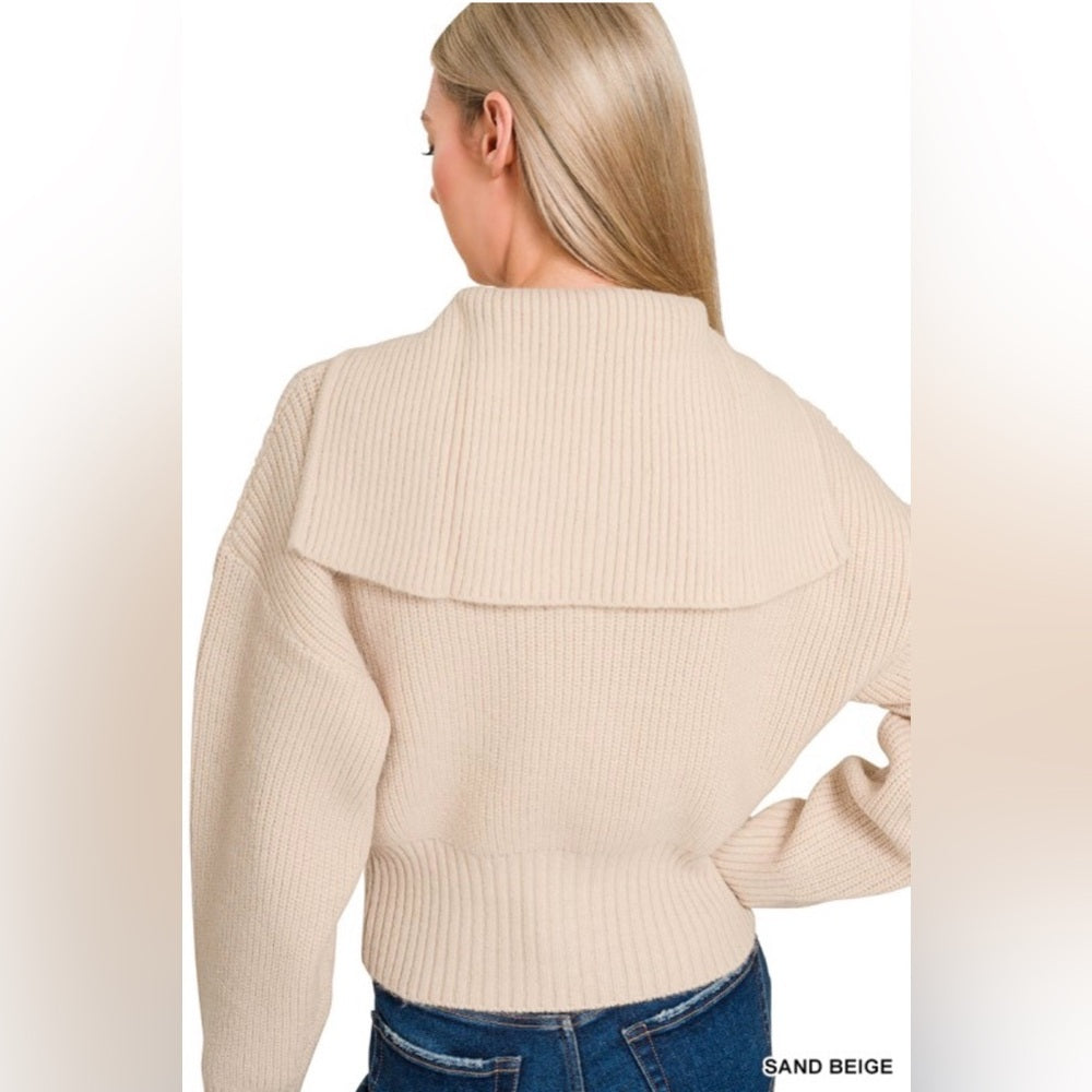 Sand Beige Ribbed Double Zip-Up Collared Sweater