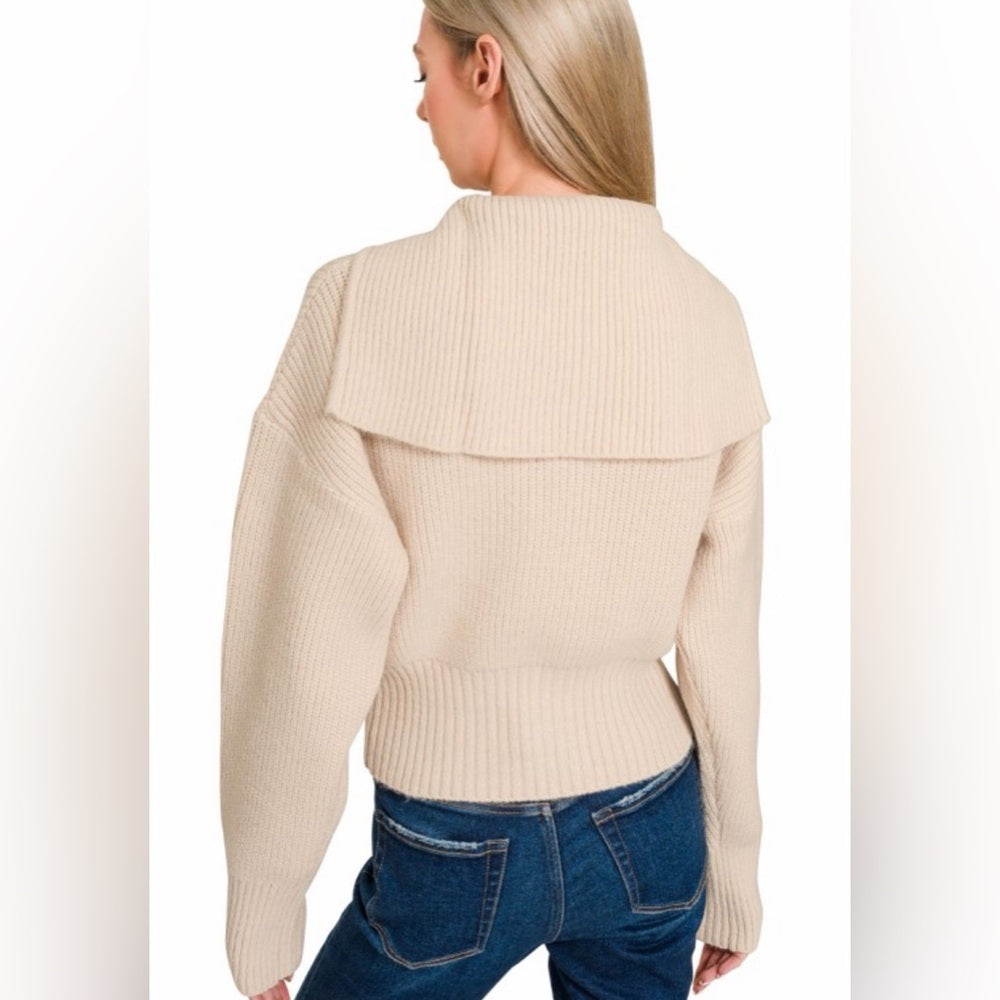 Sand Beige Ribbed Double Zip-Up Collared Sweater