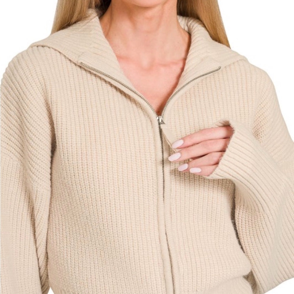 Sand Beige Ribbed Double Zip-Up Collared Sweater