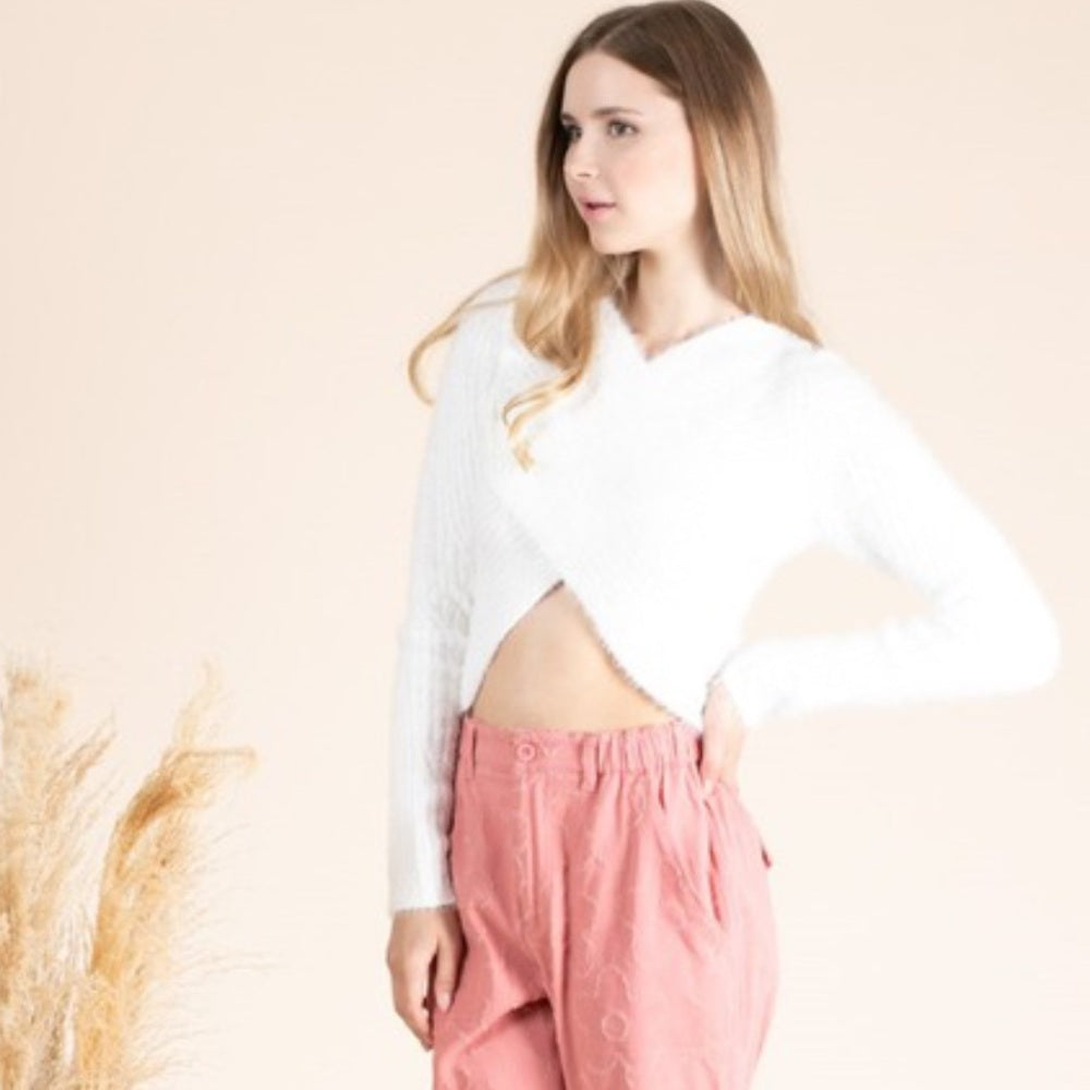 White Fuzzy Wrap Sweater