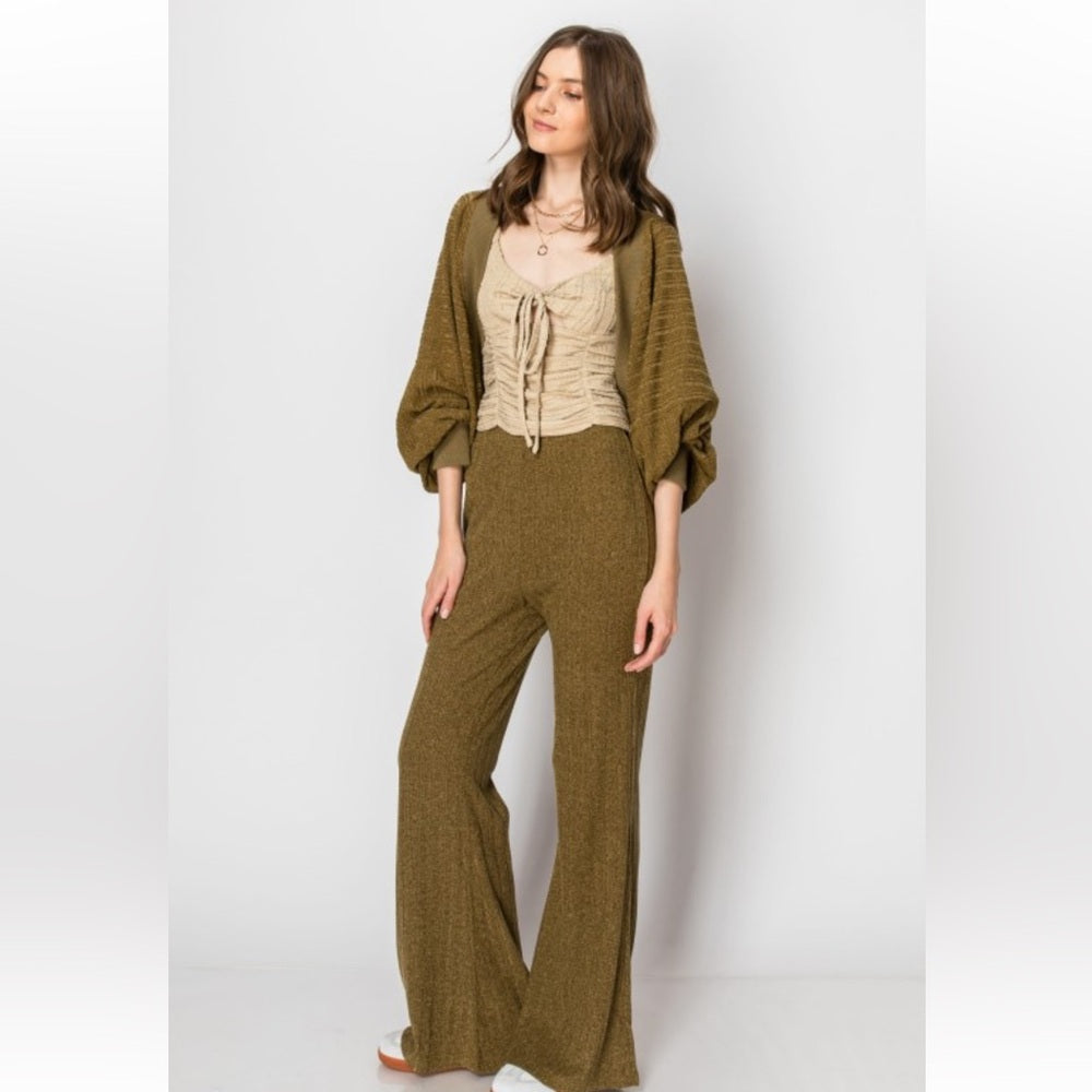 A139. Olive Green Heavy Textured Rib Shrug Cardigan Lounge Set