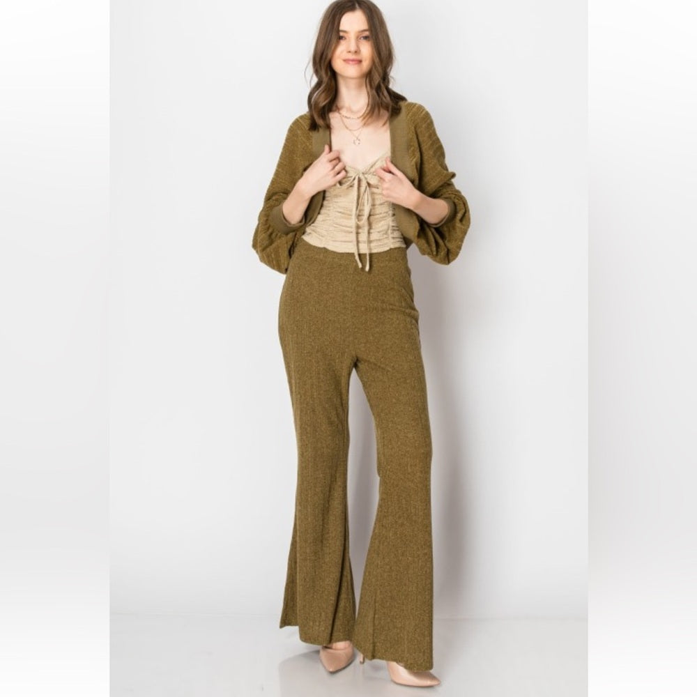 A139. Olive Green Heavy Textured Rib Shrug Cardigan Lounge Set