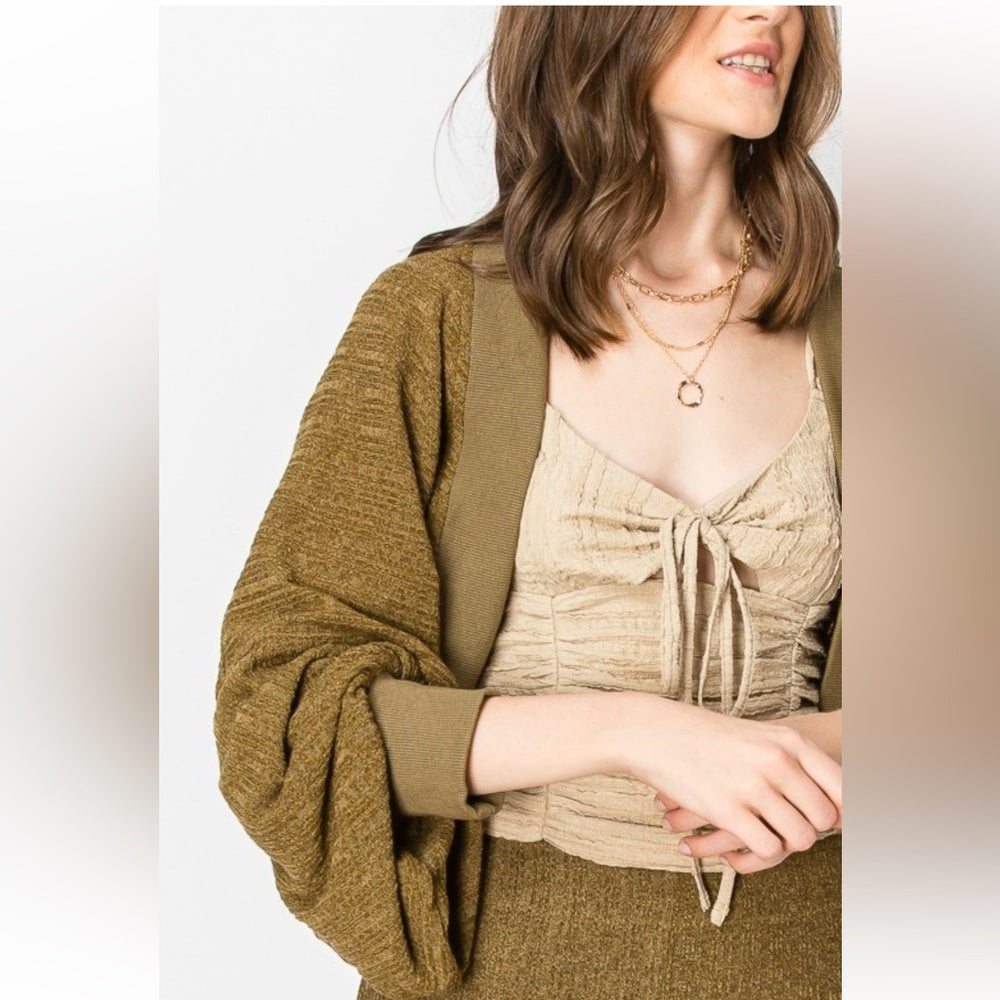 A139. Olive Green Heavy Textured Rib Shrug Cardigan Lounge Set