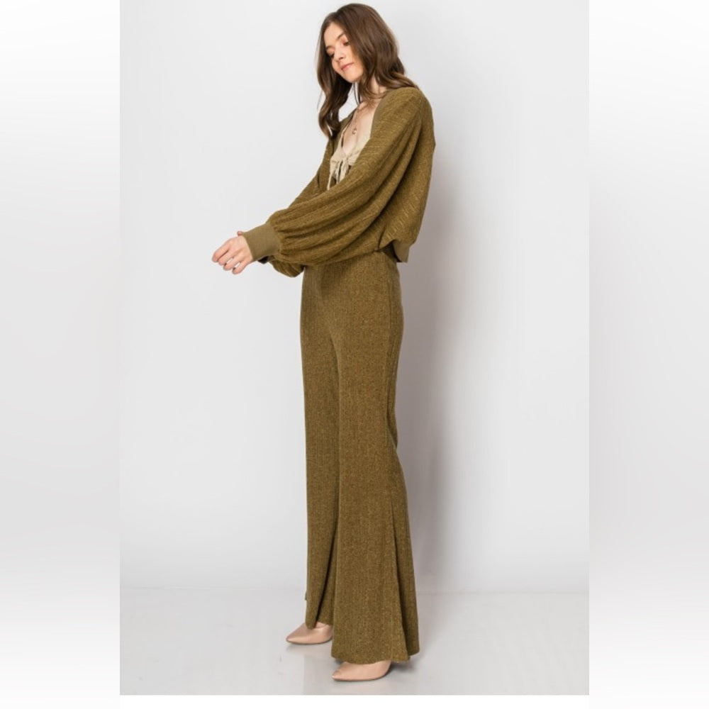 A139. Olive Green Heavy Textured Rib Shrug Cardigan Lounge Set