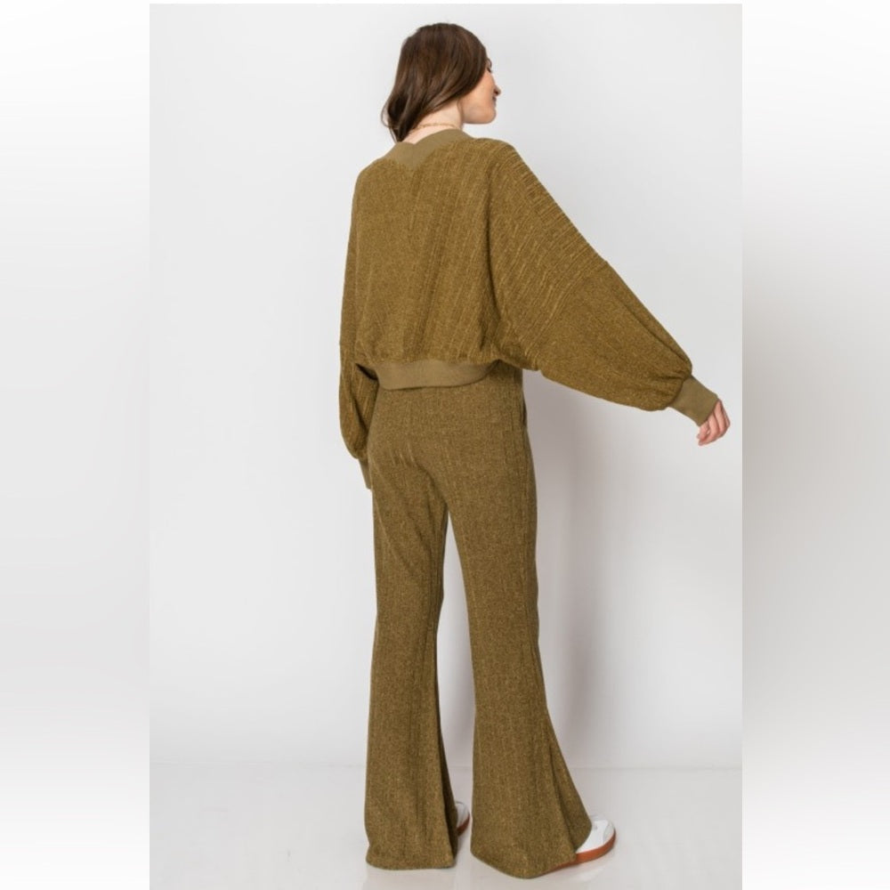 A139. Olive Green Heavy Textured Rib Shrug Cardigan Lounge Set